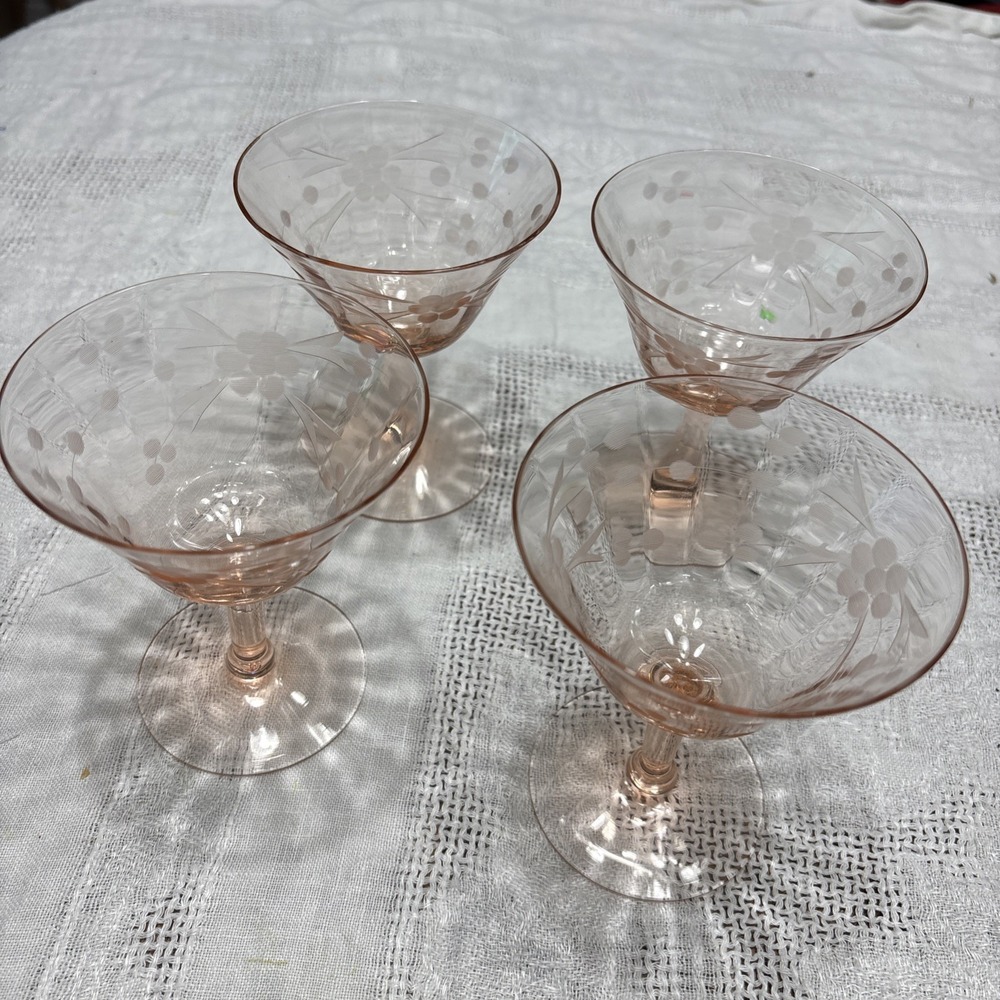 Set of 4 Tiffin Franciscan Pink Depression Glass Stemmed Champagne Glass Etched